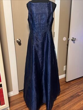 Betsy & Adam Navy Beaded Sleeveless Formal Gown